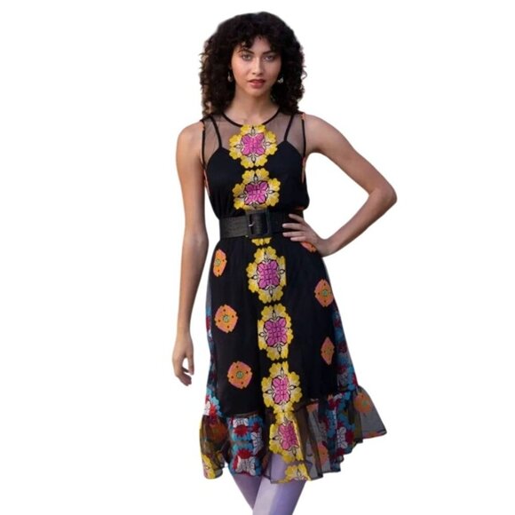ModCloth Size Medium Follow My Lead Embroidered Midi Dress Floral Black Yellow - Picture 1 of 10